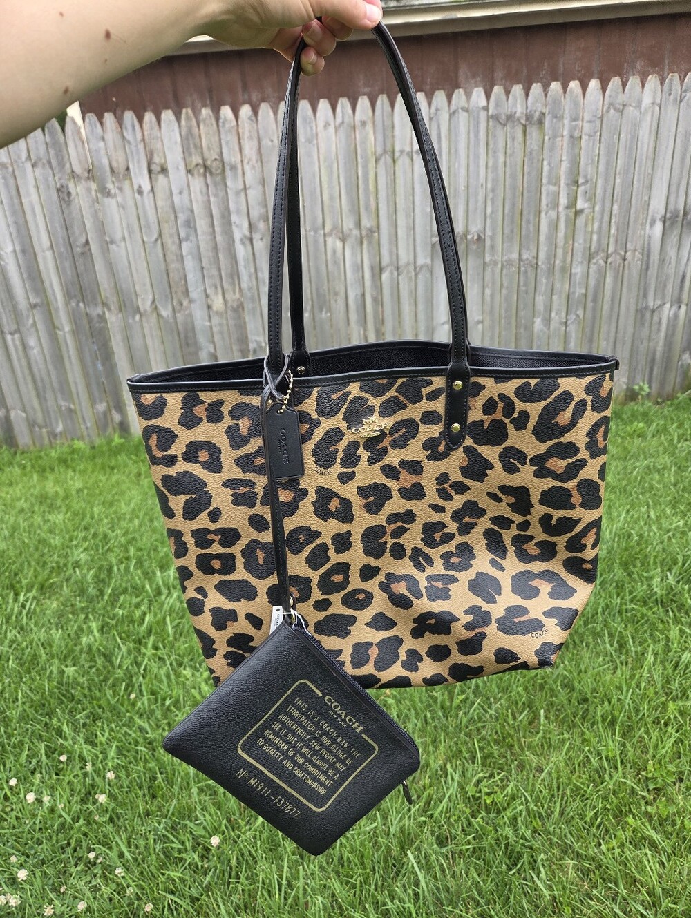 Coach Reversible City Tote Bag Leopard Print Black Leather With Pouch F37877